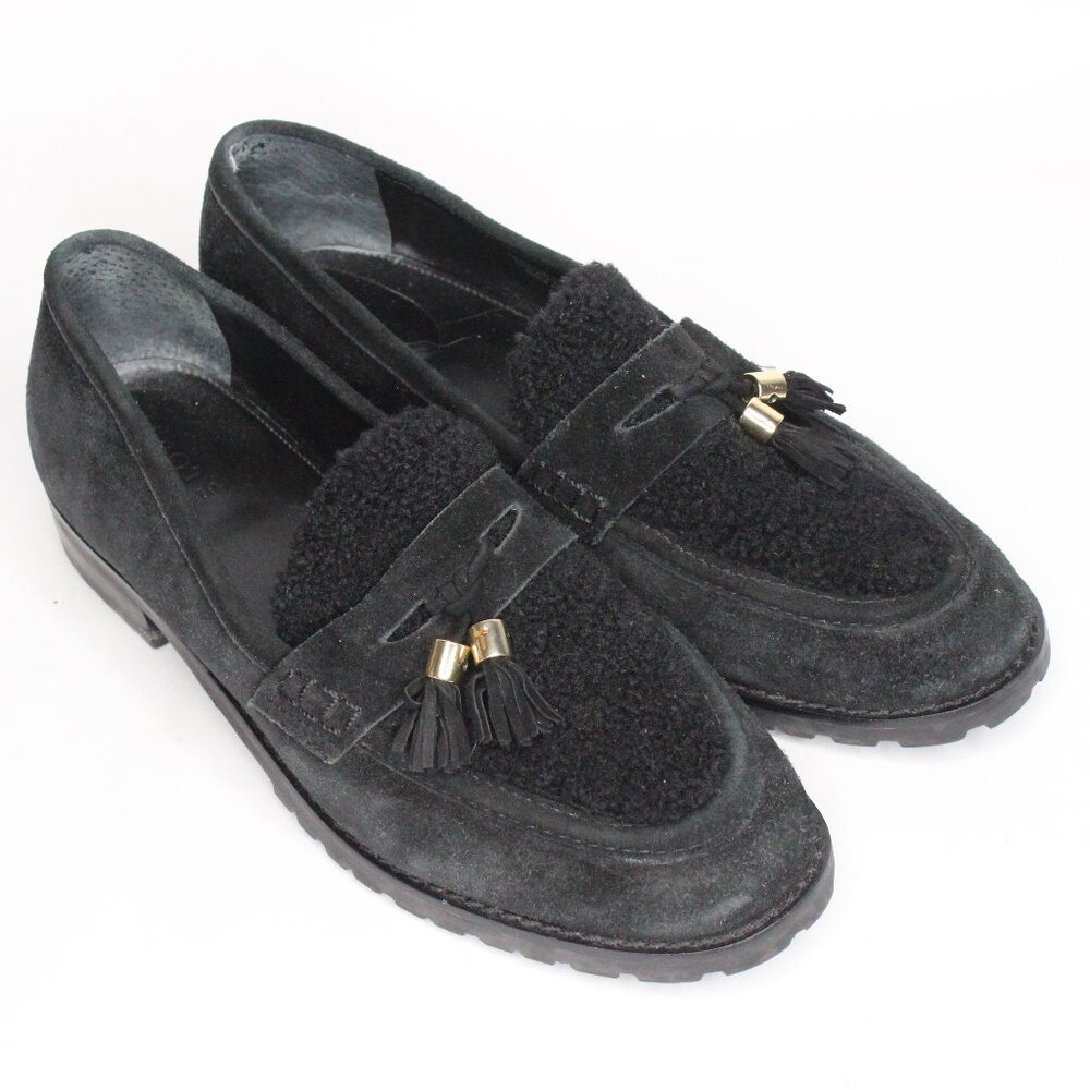 Talbots Cassidy Slip On Shoes Loafer Women 9.5 Black Suede Sherpa Tassels Preppy